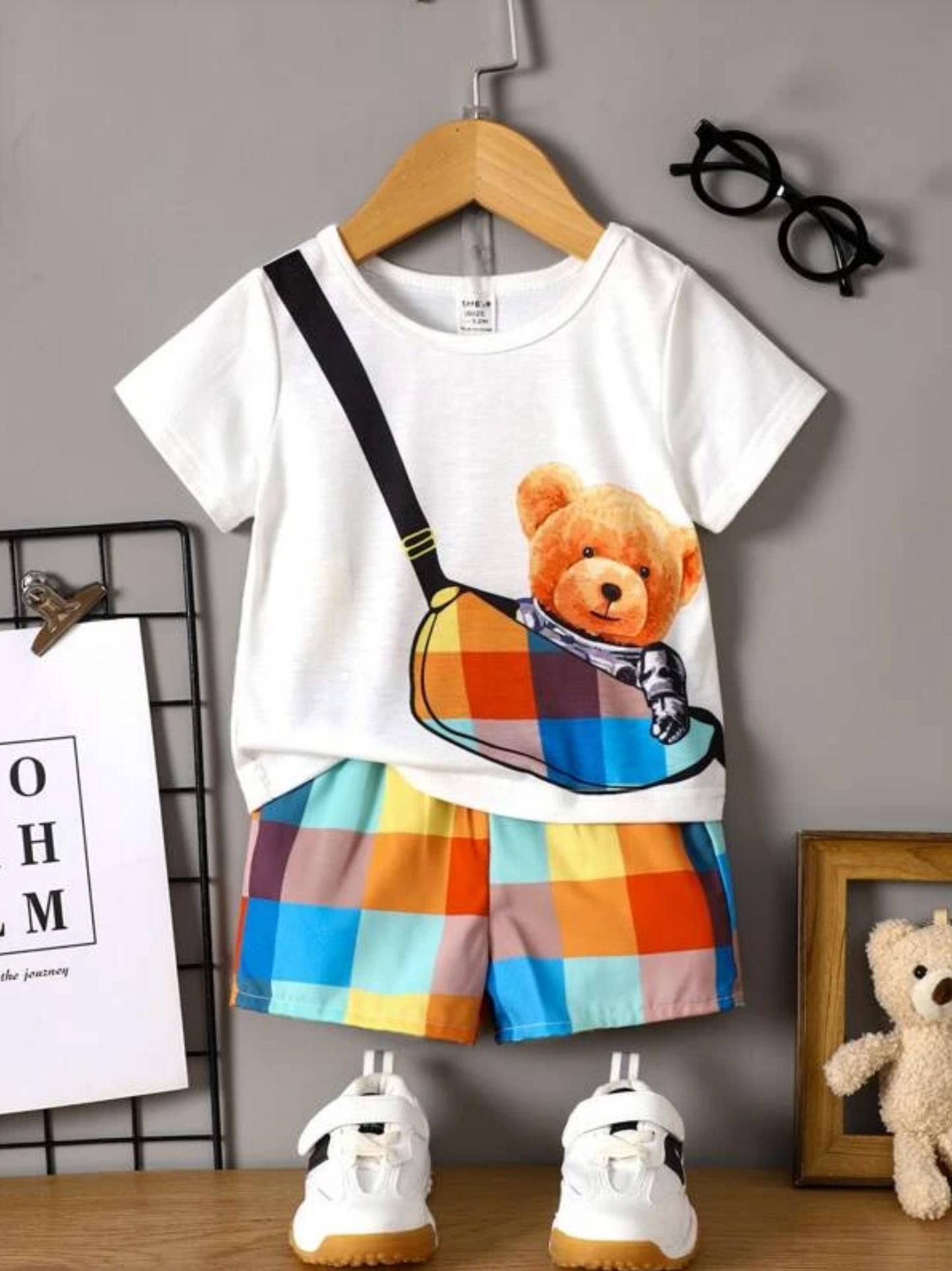 Bebé niño camiseta con estampado de oso & Shorts de colores de cuadros