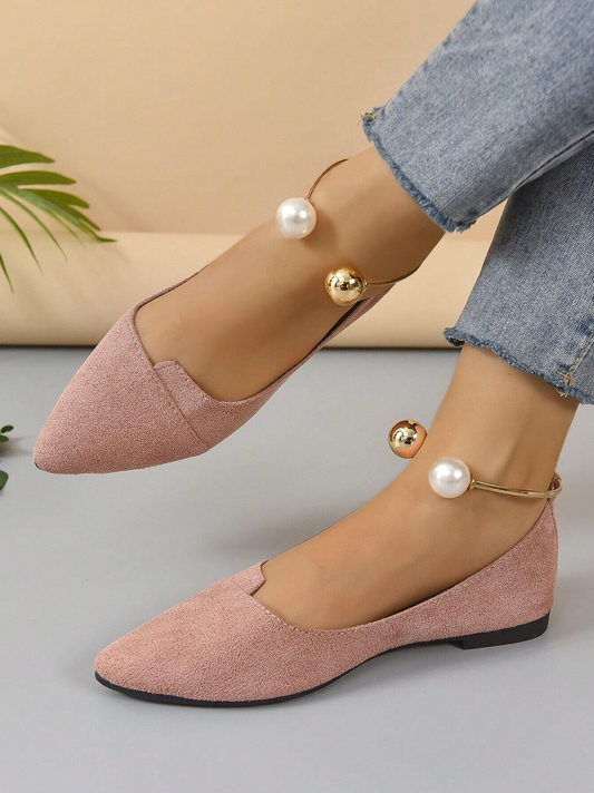 Zapatos Rosa Loto de Mujer con Punta Fina y Elegante Detalle de Anillo Metálico