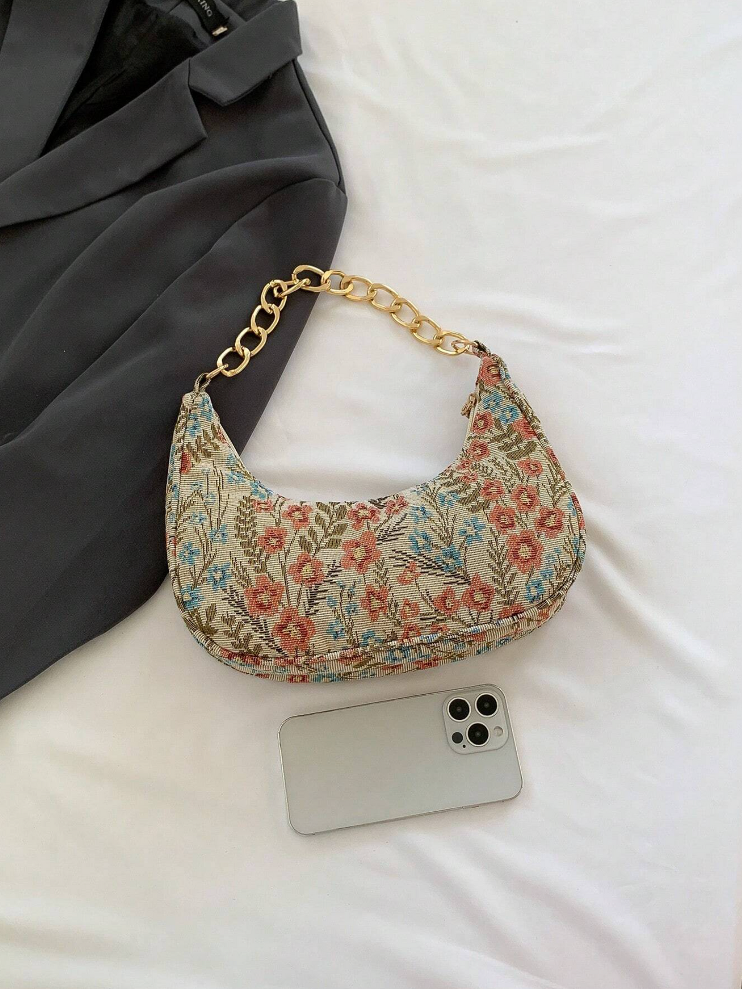 Bolso de hombro de lino con estampado de luna creciente y flores