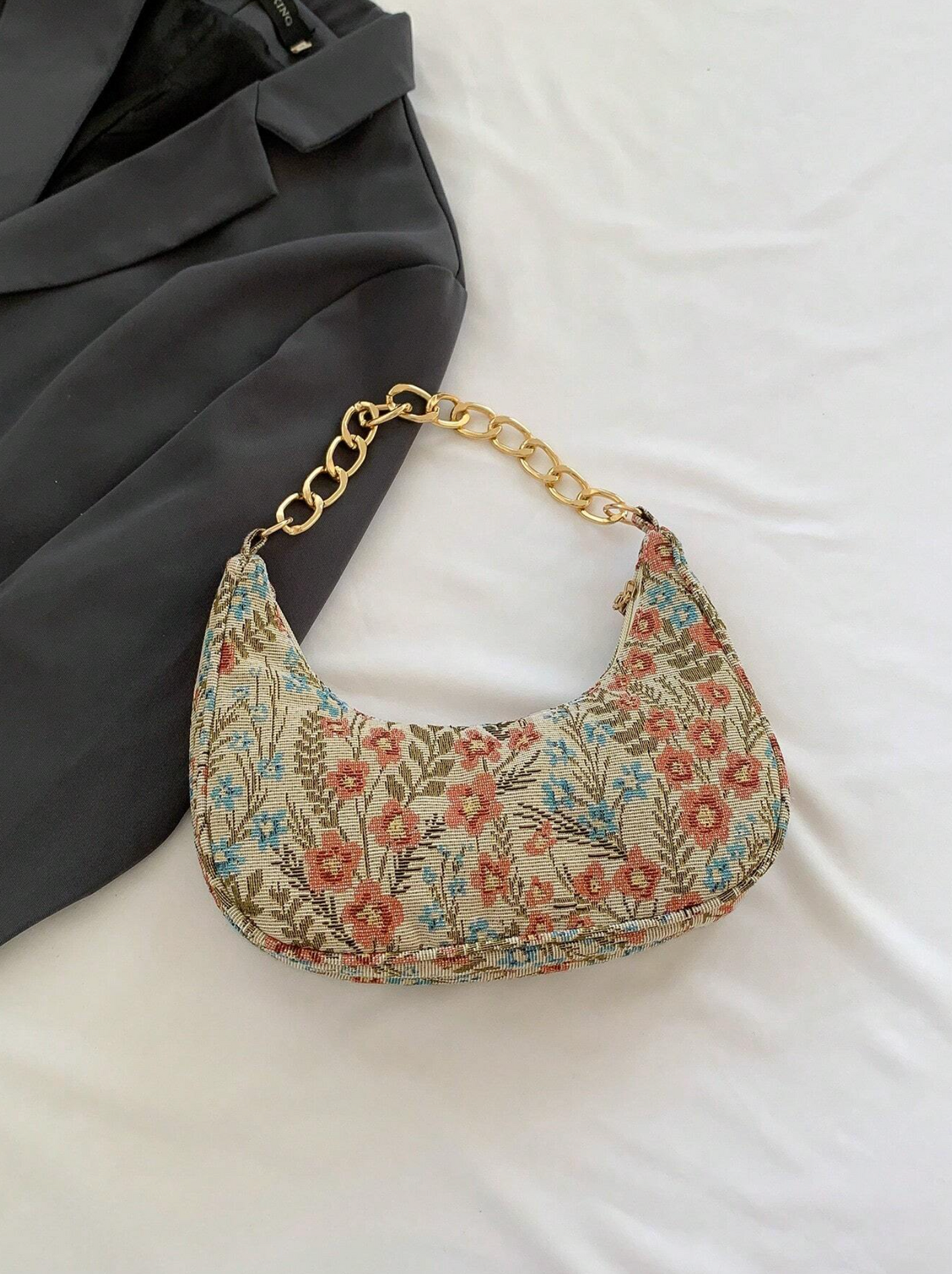 Bolso de hombro de lino con estampado de luna creciente y flores