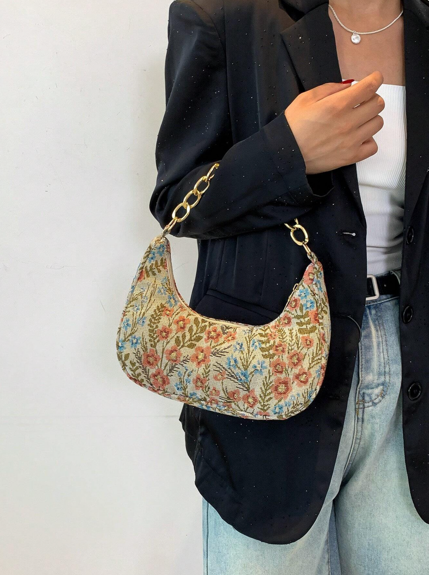 Bolso de hombro de lino con estampado de luna creciente y flores